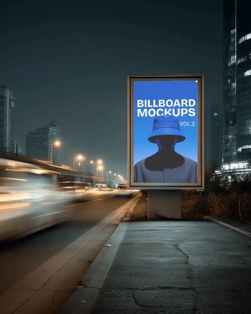Blank Urban Billboard Mockup Night Time Cityscape Lights And Moving Traffic Background