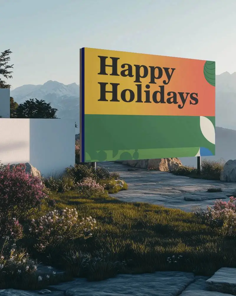 Outdoor Advertisement Billboard Mockup In Mountain Garden Setting With Stone Path