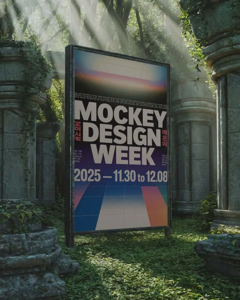 Ancient Ruins Billboard Mockup With Nature Overgrowth And Sunray Light Illusion