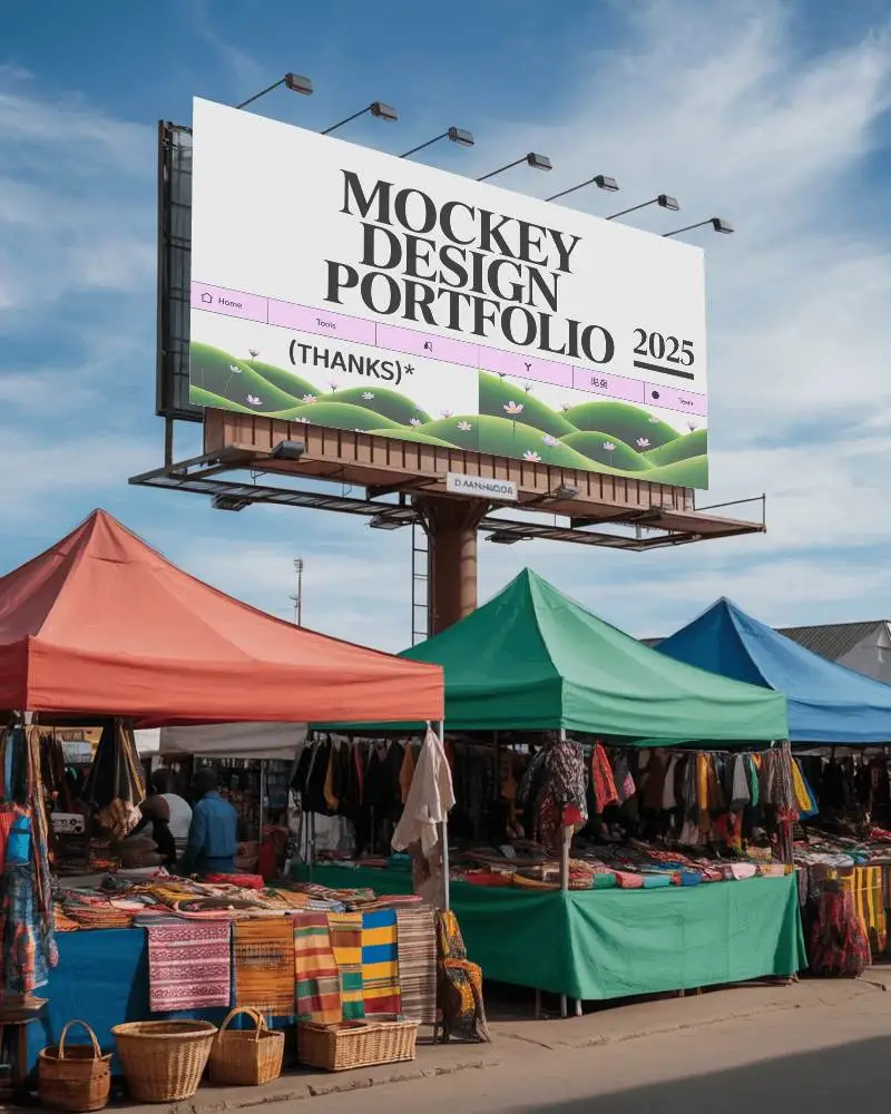 Street Market Tents Filled With Various Textile Products Under Empty Billboard Mockup