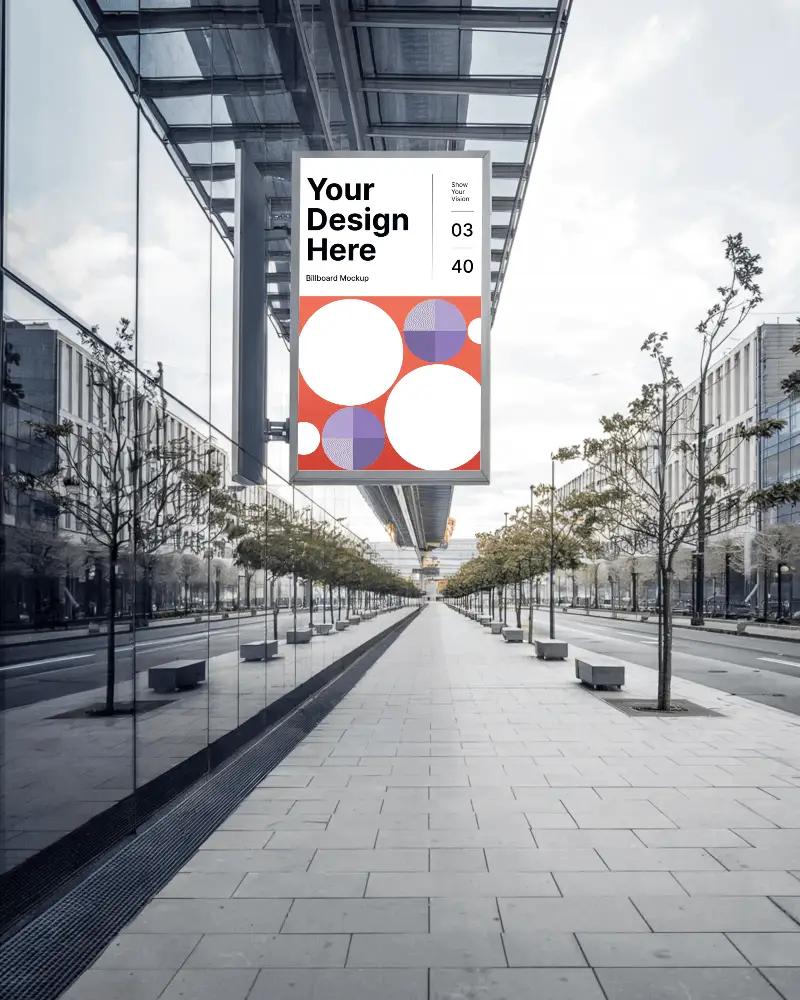 City Hanging Billboard Mockup On Glass Covered Path With Geometric Paving And Trees