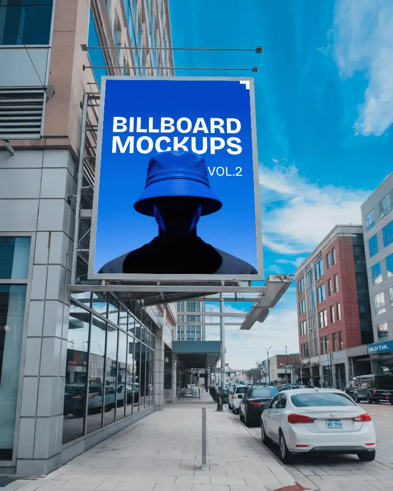 Clean City Hanging Billboard Mockup In Downtown Business District With Parked Cars