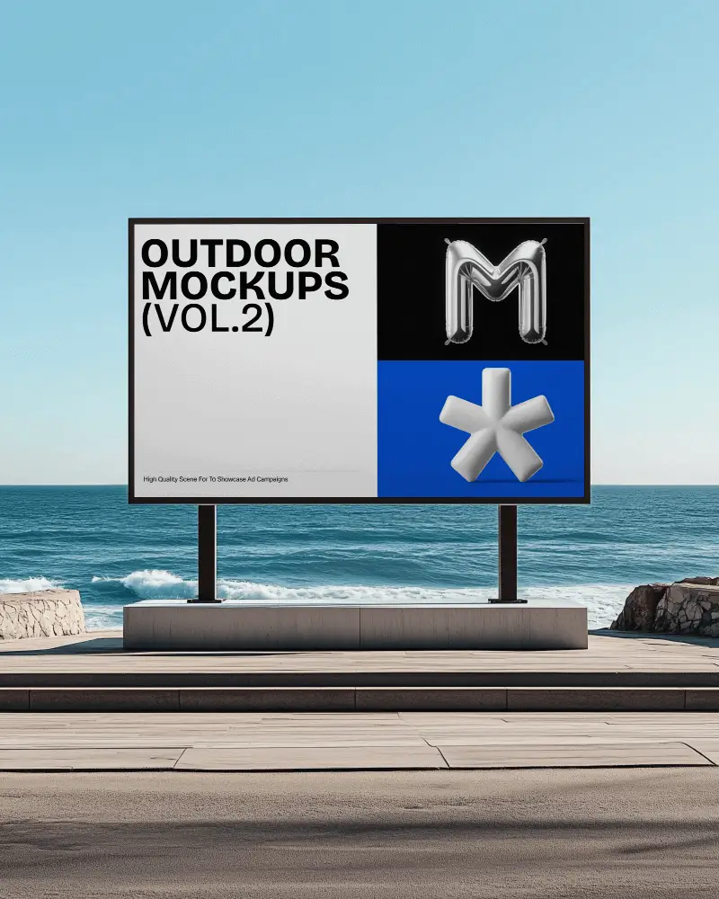 Coastal Seaside Billboard Mockup Minimalist White Background Ocean Waves In Backdrop Modern Concrete Platform Under Clear Blue Sky