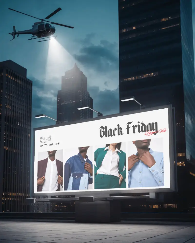 Empty Urban Billboard Mockup Lit By City Lights And Helicopter Searchlight In Nighttime Scene