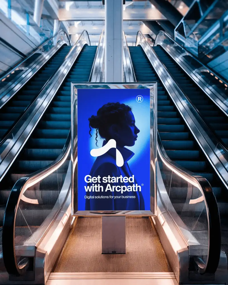 Futuristic Interior Billboard Mockup Positioned Between Dual Escalators At Shopping Complex