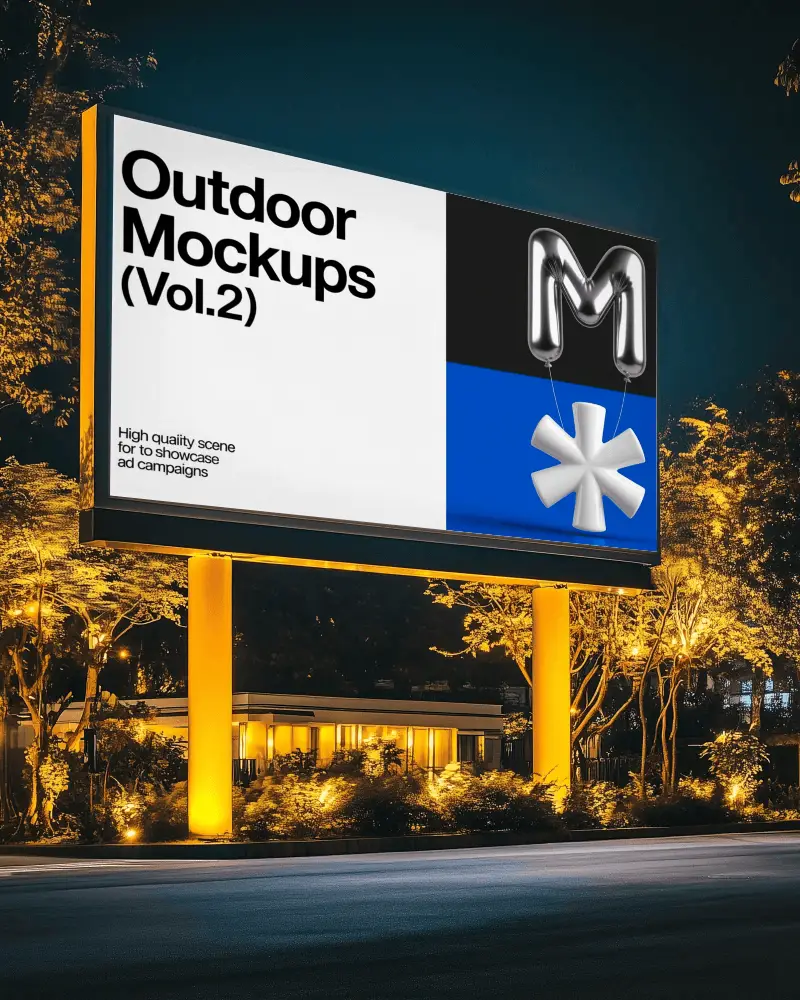 Glowing Billboard Mockup At Night With Yellow Lights And Trees In Background
