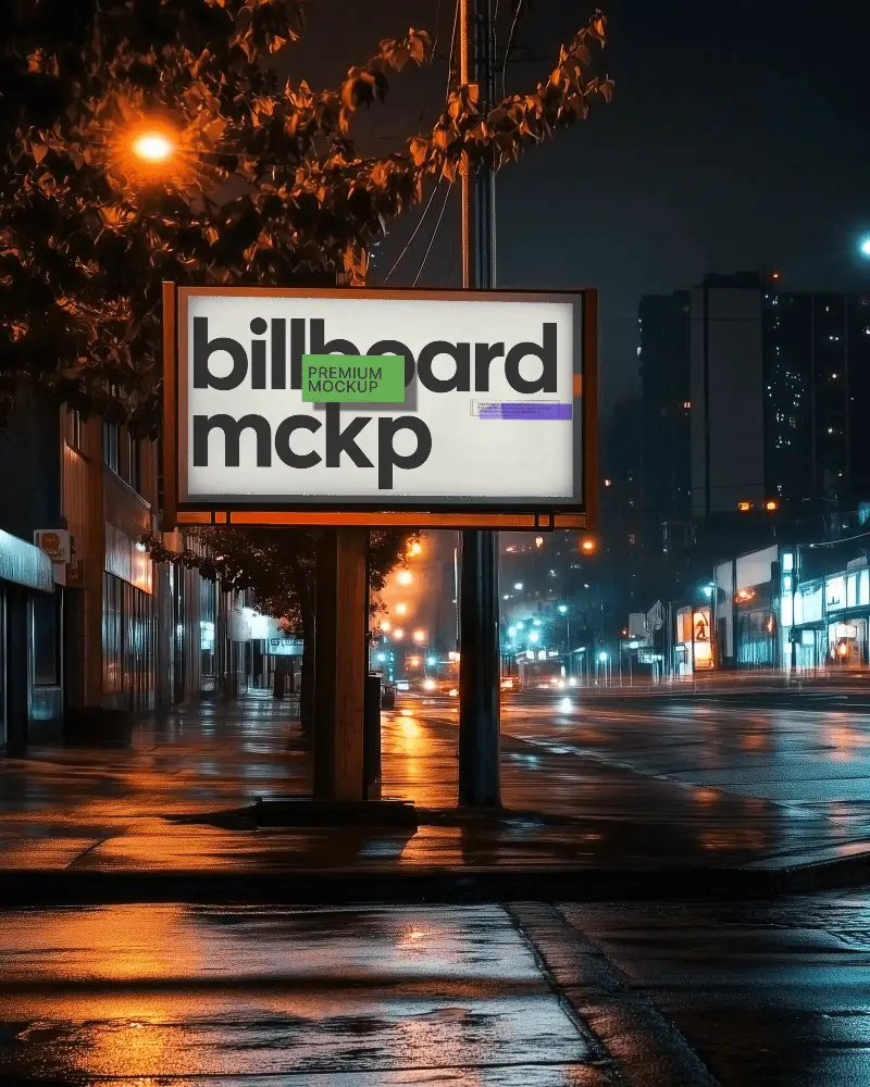 Glowing Outdoor Billboard Mockup With Street Tree Shadows And Night Ambience