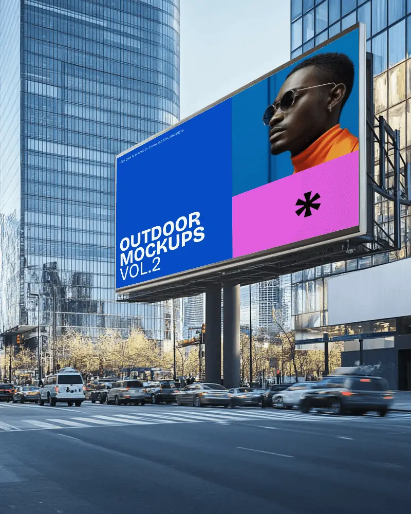 Large City Billboard Mockup On Glass Skyscraper Overlooking Busy Urban Crosswalk