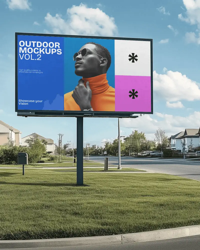 Large Outdoor Billboard Mockup On Suburban Street Corner With Well Maintained Landscaping