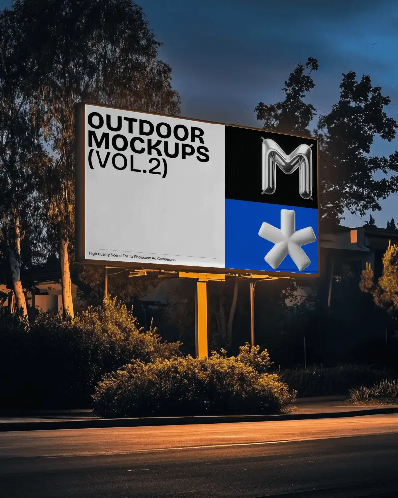 Nighttime Billboard Advertising Mockup In Quiet Tree Lined Environment