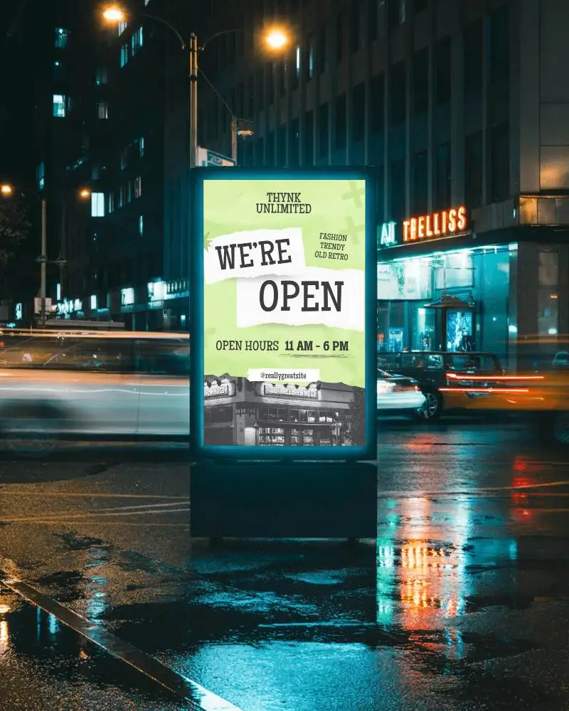 Modern City Street Billboard Display Lit Up Night Traffic Motion Blur Urban Environment