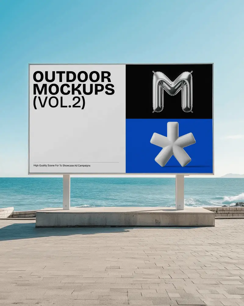 Seaside Billboard Mockup Minimalist White Frame Ocean Background Under Clear Blue Sky Modern Concrete Platform Bright Sunny Light