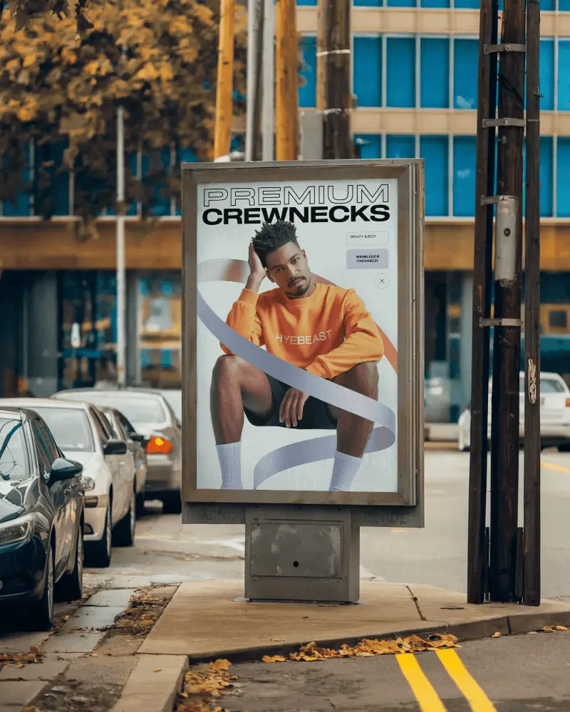 Street Corner Billboard Mockup With Parked Cars And Yellow Lane Markings In Autumn Setting