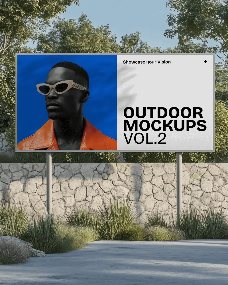 Sunlit Garden Billboard Mockup Stone Wall Backdrop Minimalist Design With Greenery Natural Landscape Shadows On White Background