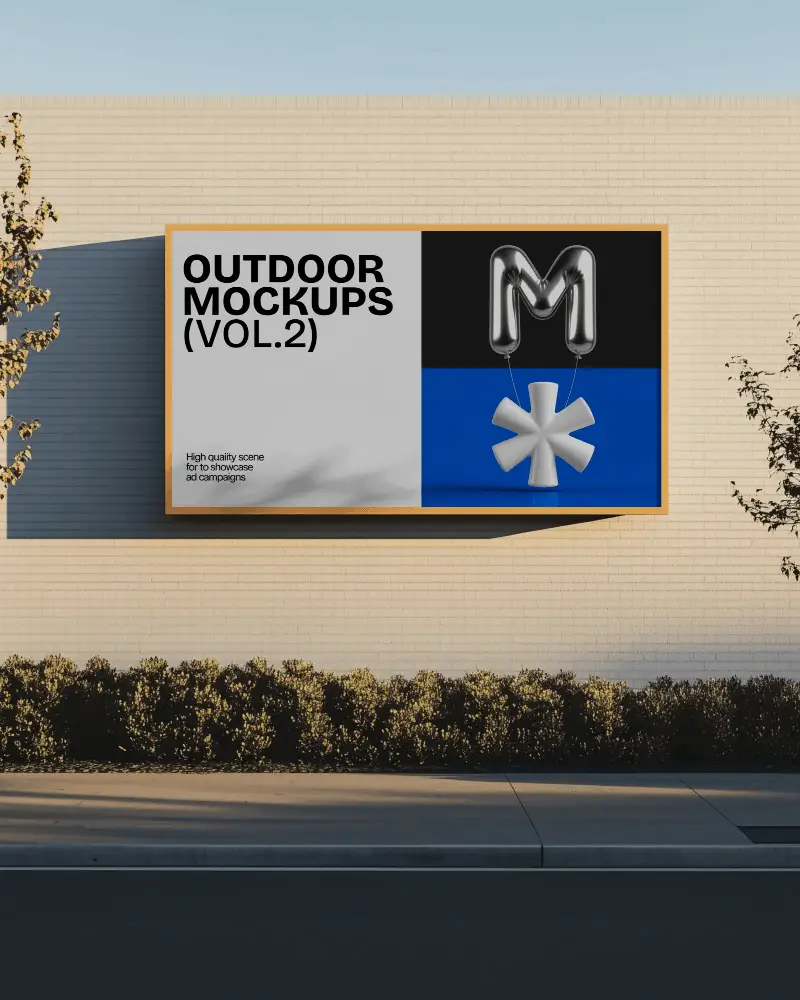 Sunlit Street Side Billboard Mockup Yellow Frame Minimal Brick Wall Background Evening Light With Shadows And Trimmed Bushes