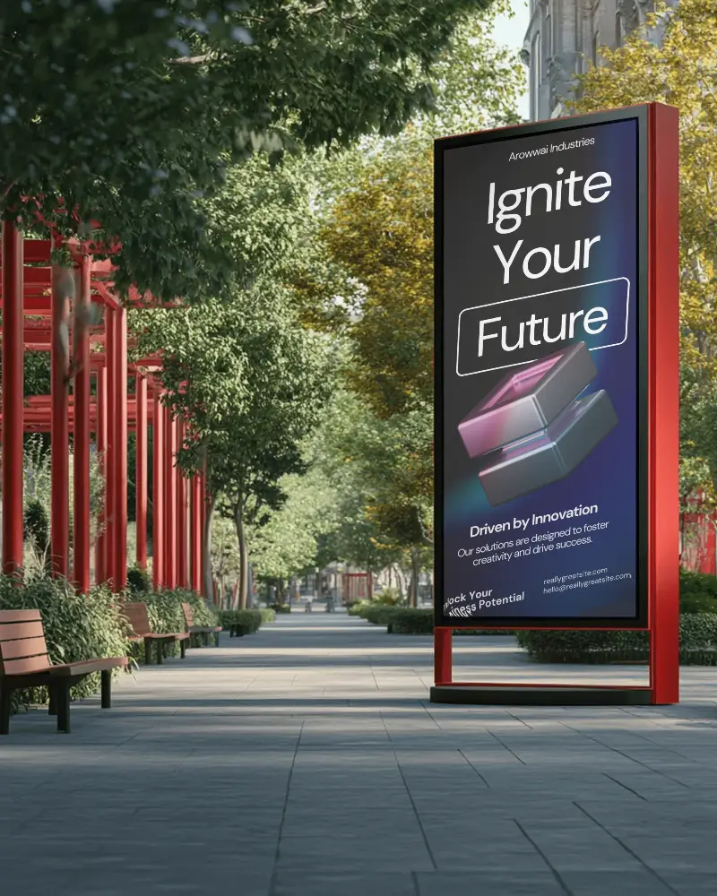 Tree Lined Urban Pathway Billboard Mockup Red Frame Sleek Ad Display With Soft Morning Lighting Outdoor Commercial Setting 0181