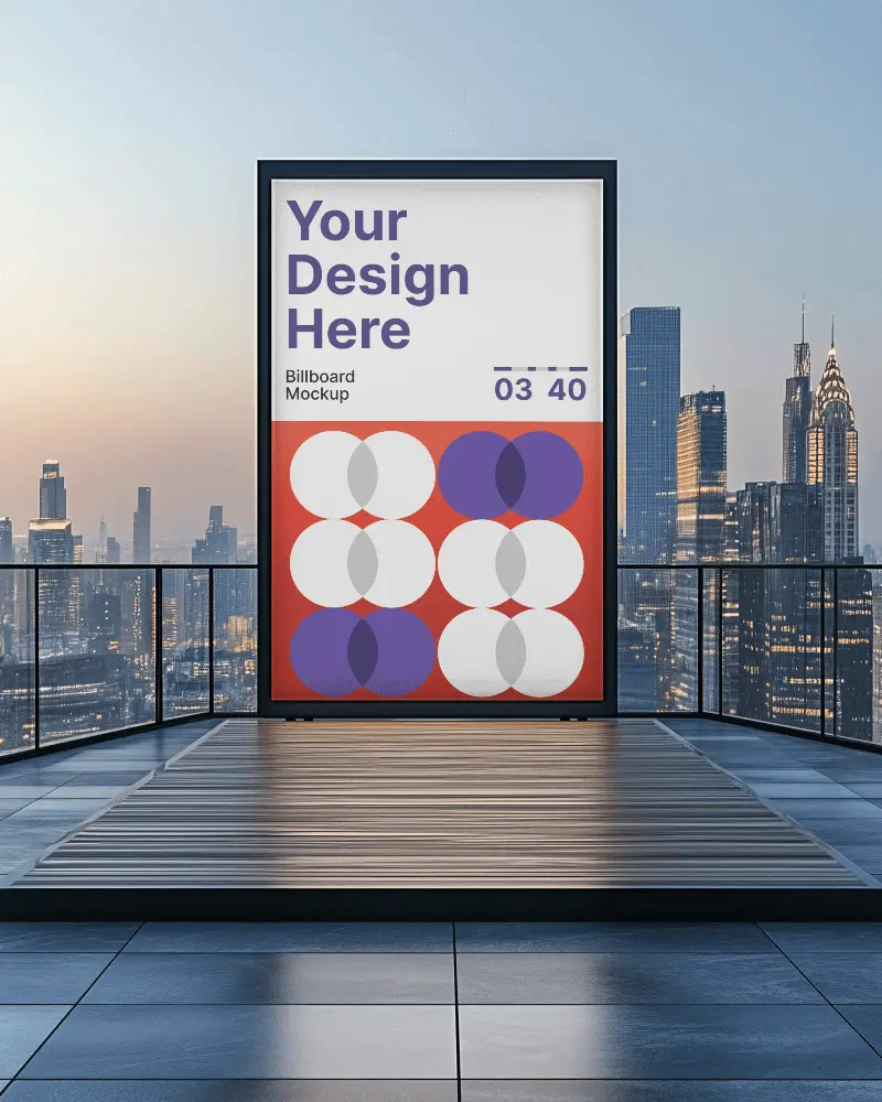 Urban Rooftop Billboard Mockup Modern Cityscape Background Sunset Skyline View Elegant Minimalist Display With Glass Railing