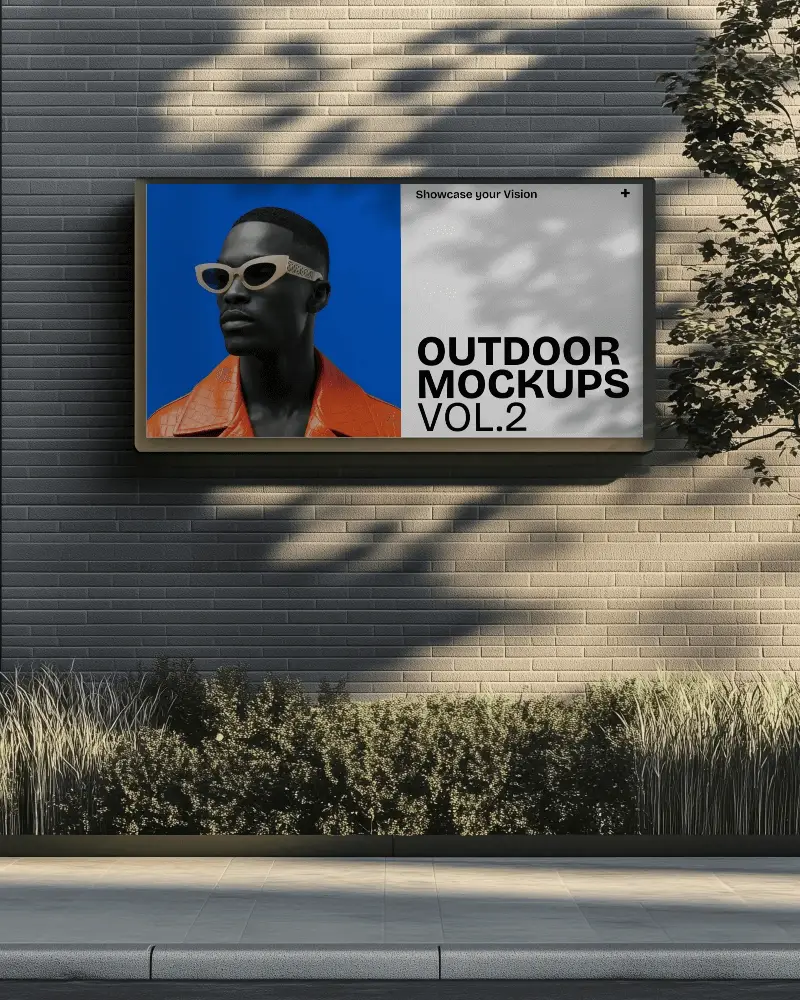 Urban Street Side Billboard Mockup Dark Brick Wall Background Minimalist Evening Shadows Soft Light On Pavement With Greenery