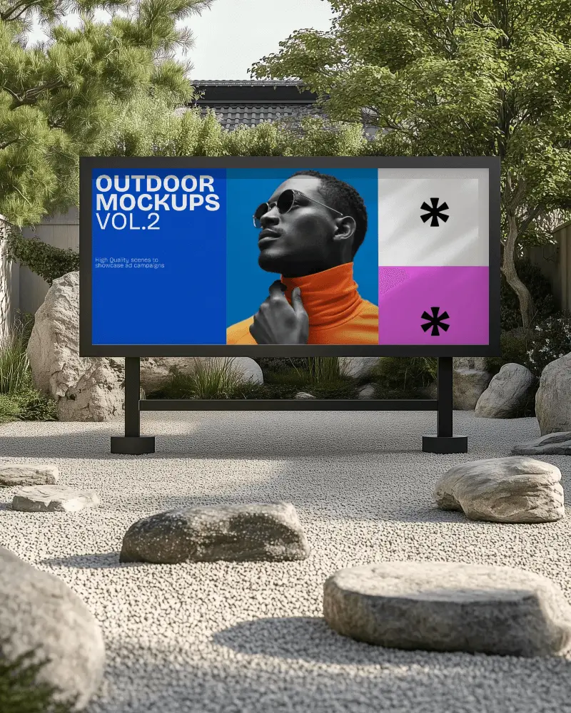 Zen Garden Billboard Mockup Minimalist White Display Natural Rocks Trees Serene Background Modern Outdoor Japanese Style Landscape