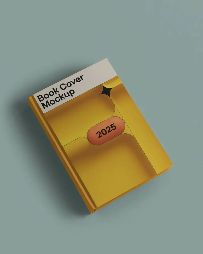 Angled Top View Book Mockup Hardcover Black Cloth Texture On Muted Teal Background With Soft Natural Lighting