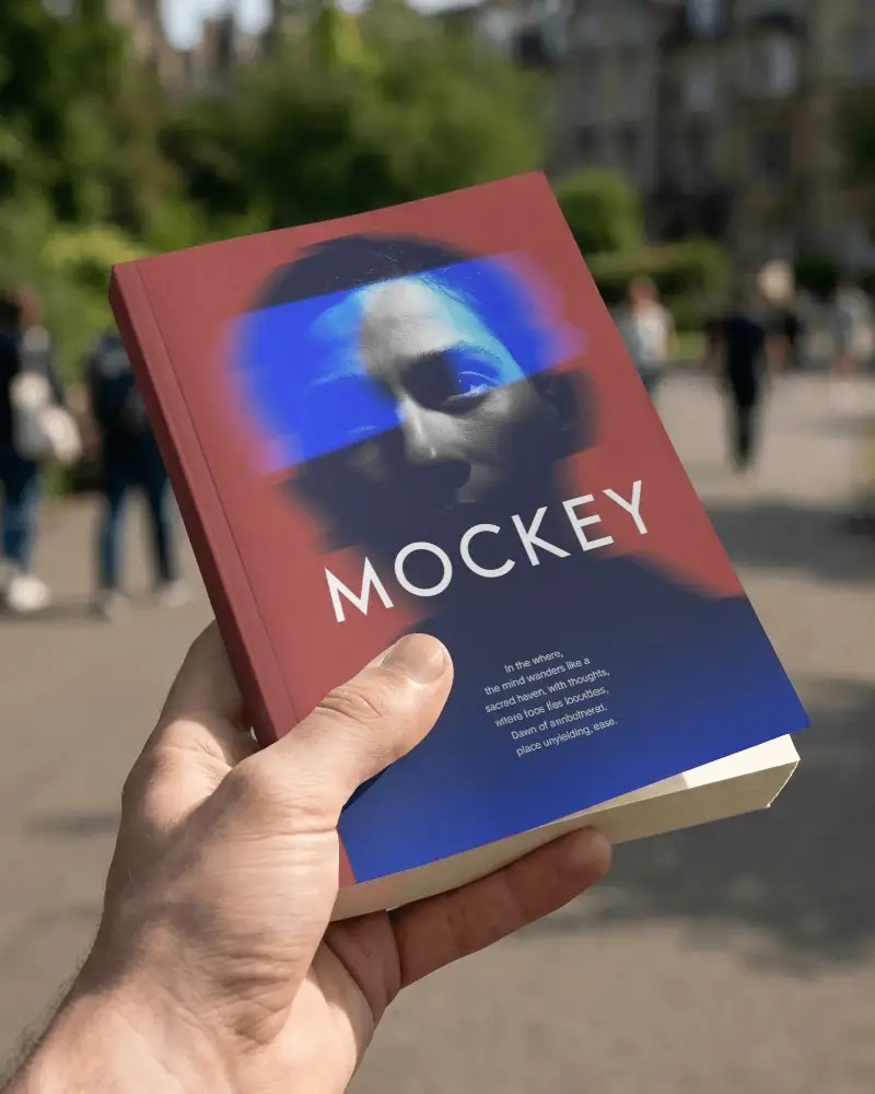 Hand Holding Blank Hardcover Book Mockup For Design Presentation Urban Background