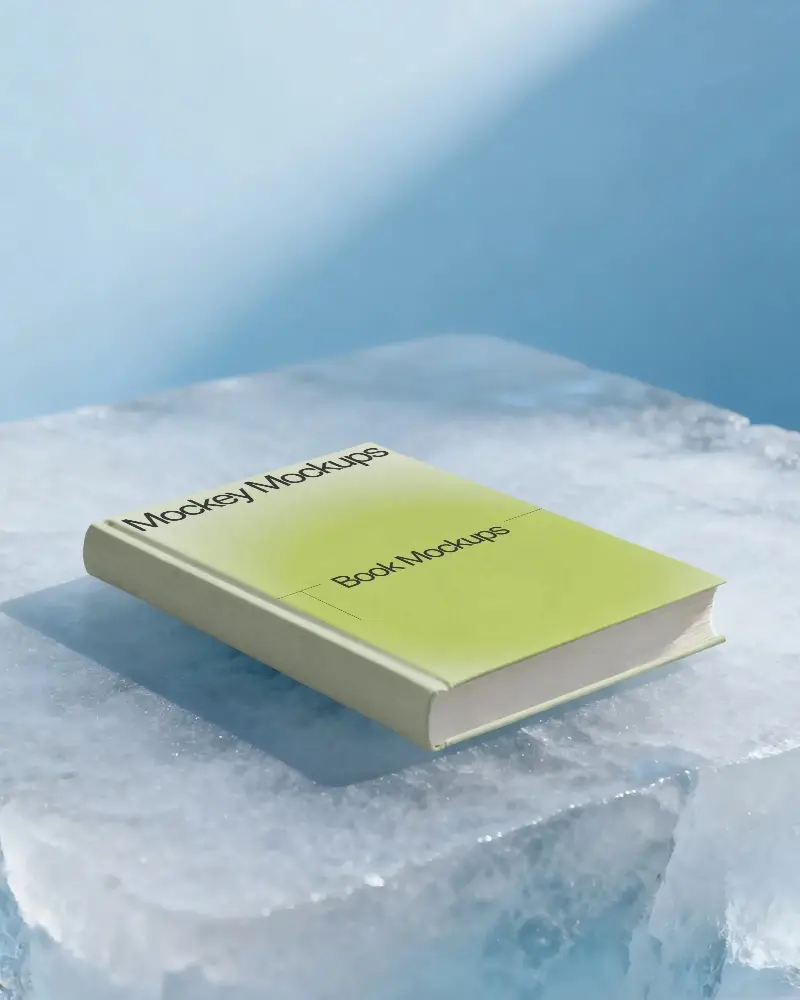 Hardcover Book Mockup On Translucent Ice Block Display For Minimalist Branding Design