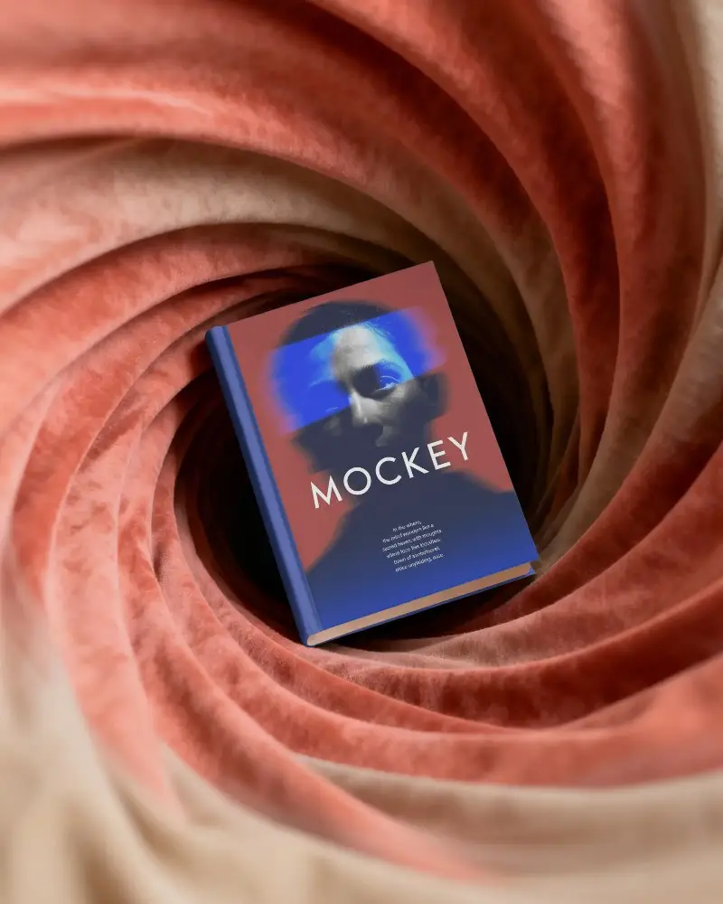 Hardcover Book Mockup With Abstract Swirl Background For Digital Publishing Showcase
