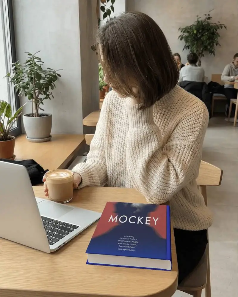 Woman Relaxing In Cafe Drinking Coffee With Laptop And Blank Hardcover Book Mockup