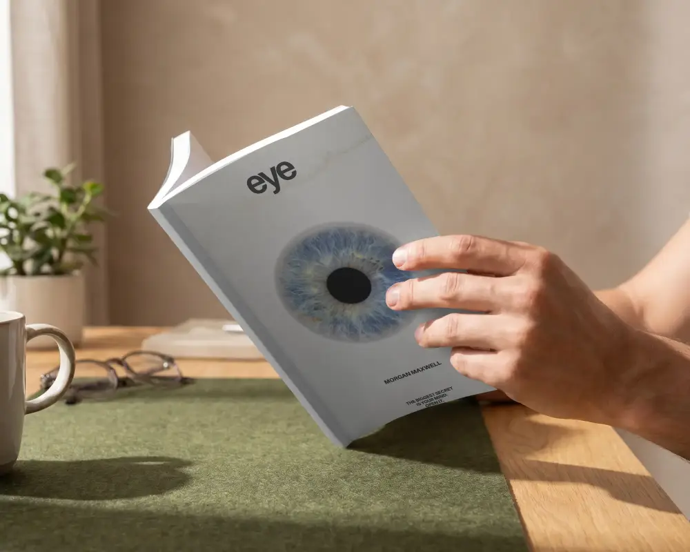 Casual Reading At Book Mockup Book Cover Holding Hands Desk Background
