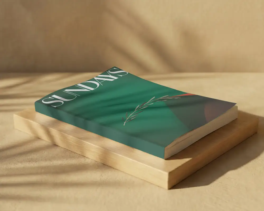 Realistic Softcover Book Label Mockup With Natural Shadow And Wooden Block Background