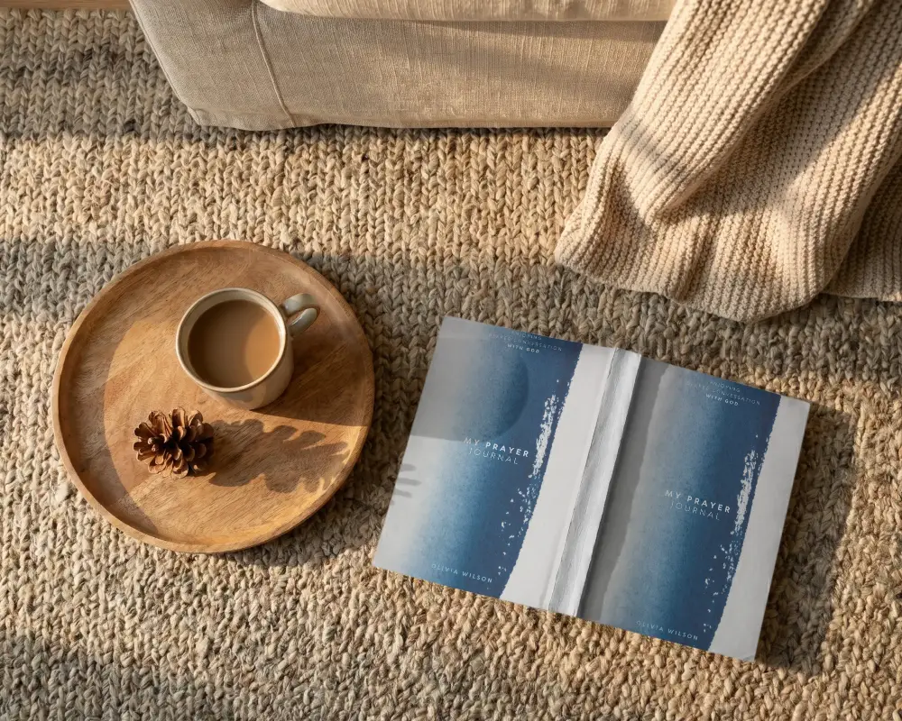 Cozy Relaxation Scene Home Decor Book Mockup Warm Drink And Pinecone On Natural Rug