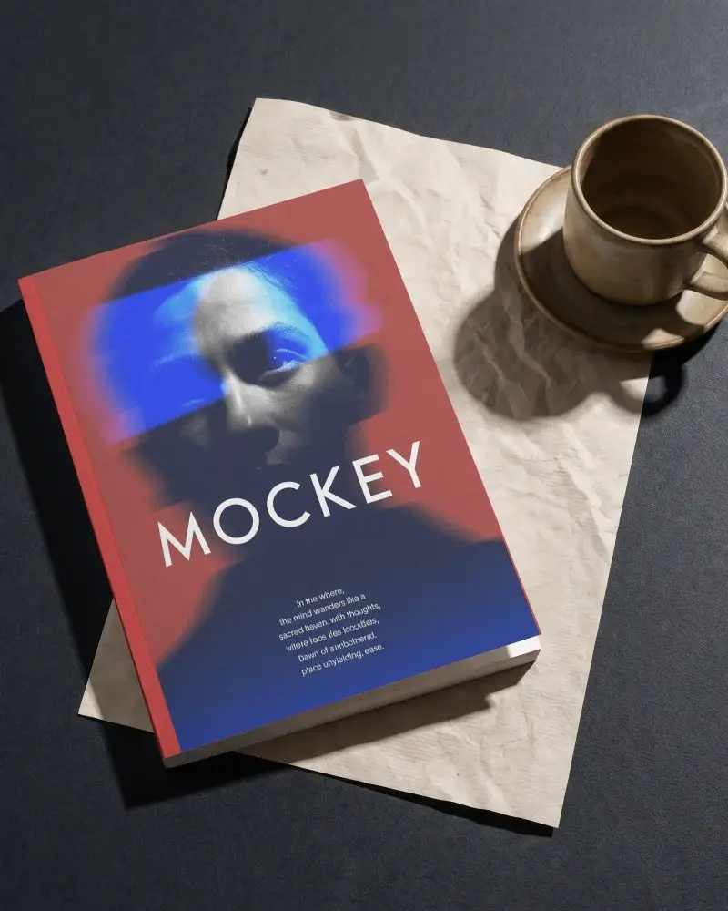 Blank Hardcover Book Mockup With Crumpled Paper And Ceramic Cup On Dark Textured Surface
