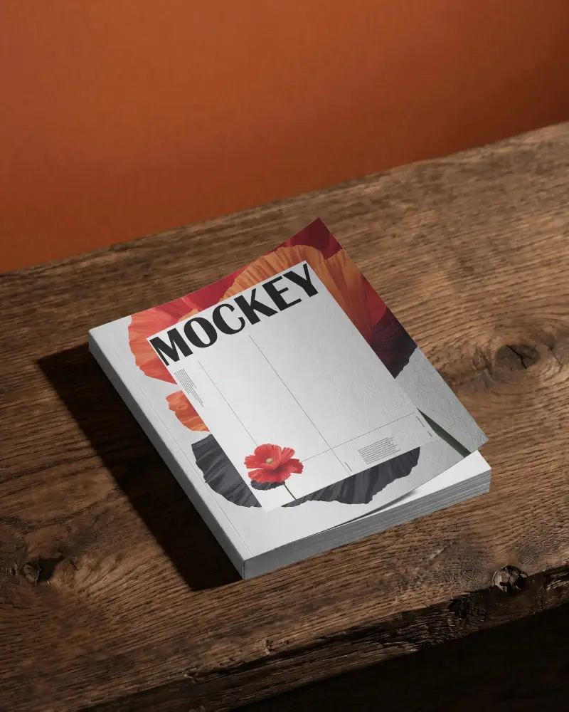 Square Softcover Book Mockup On Wood Textured Surface For Clean Design Presentation
