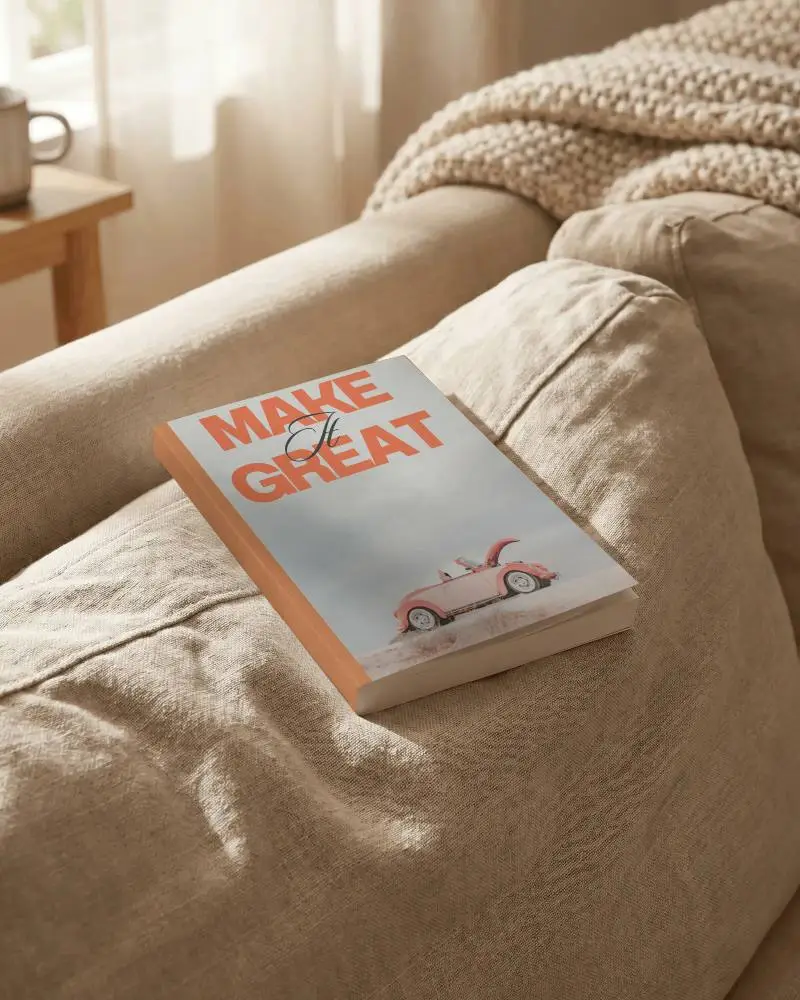 Cozy Home Reading Softcover Book Mockup Blank Cover Display On Textured Sofa