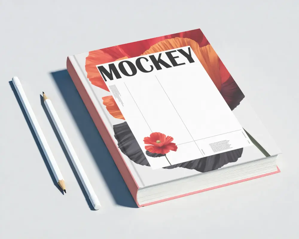 Realistic Hardcover Book Mockup Showing Pages And Writing Tools On Smooth Surface