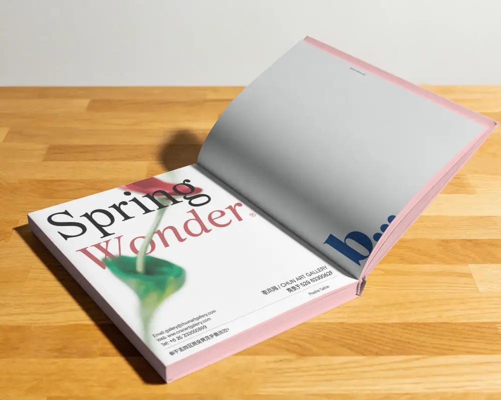 Open Hardcover Book Mockup On Wooden Table Photorealistic Flatlay Design Template