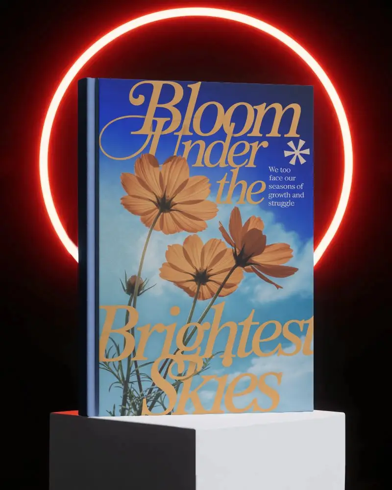 Minimalist Hardcover Book Mockup On Pedestal With Glowing Red Neon Ring Background