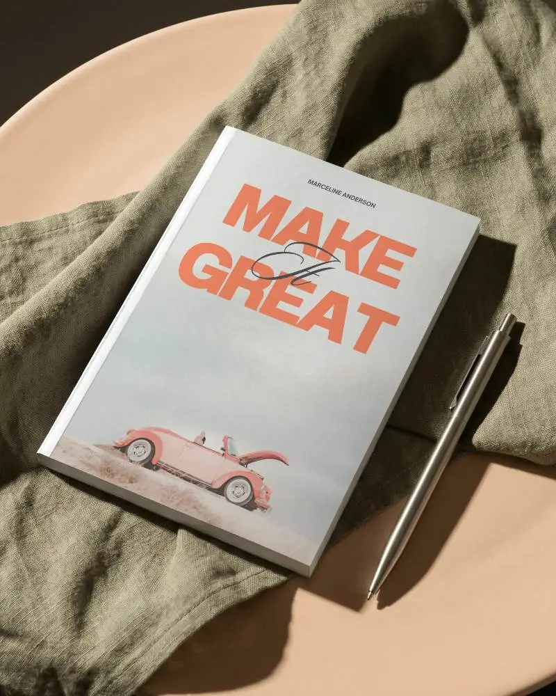 Blank Hardcover Book Mockup With Pen And Textile Background For Presentation