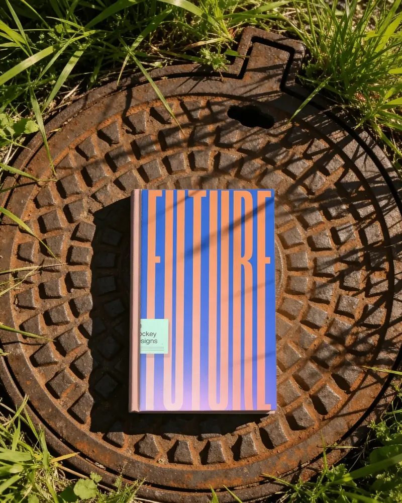 Blank Hardcover Book Mockup On Rustic Metal Surface With Natural Grass Background