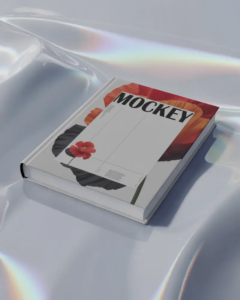 A4 Realistic Hardcover Book Mockup On Wavy Reflective Background For Design