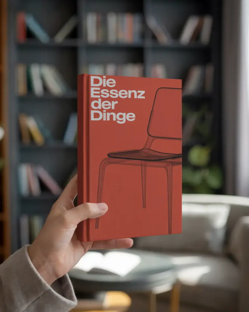 Hand Holding Hardcover Book Mockup In Modern Cozy Library Interior Background