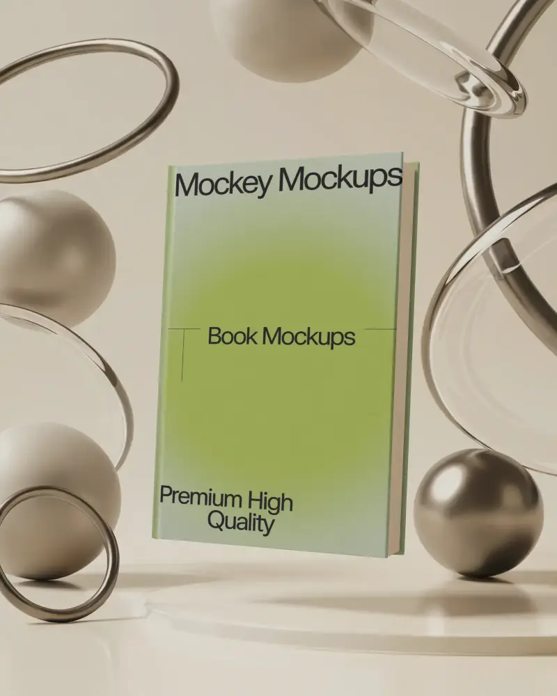 Premium Floating A4 Book Mockup With Modern Artistic Sphere And Ring Composition