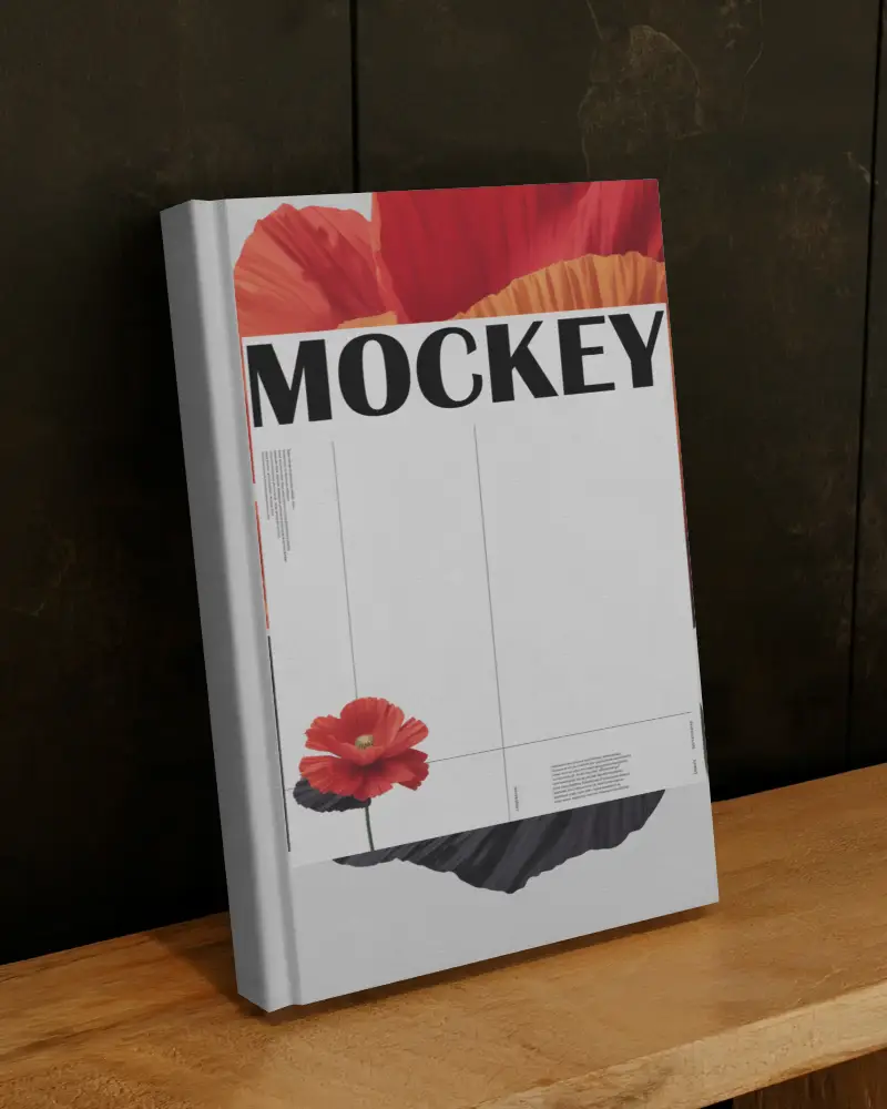 Hardcover Book Mockup With Standing On Wooden Surface Against Dark Wall