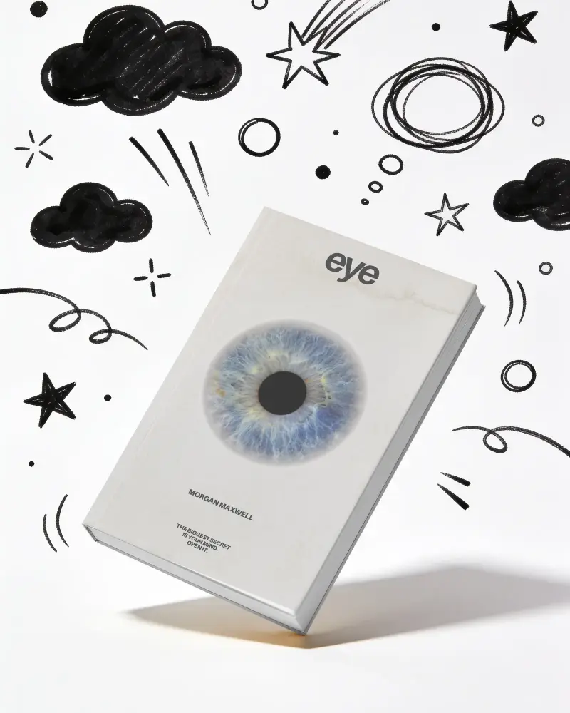 Blank Hardcover Book Mockup Floating Over Doodle Stars Clouds Creative Background