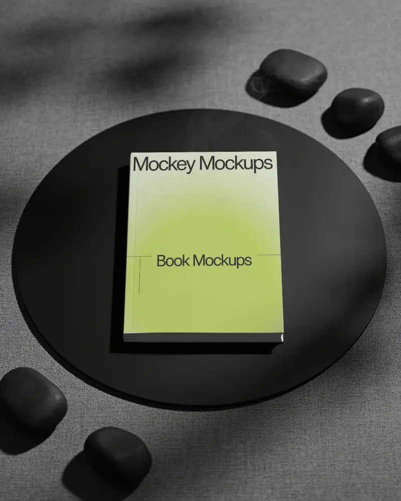 Elegant Minimalist Book Mockup On Round Plate With Stone Decoration For Branding