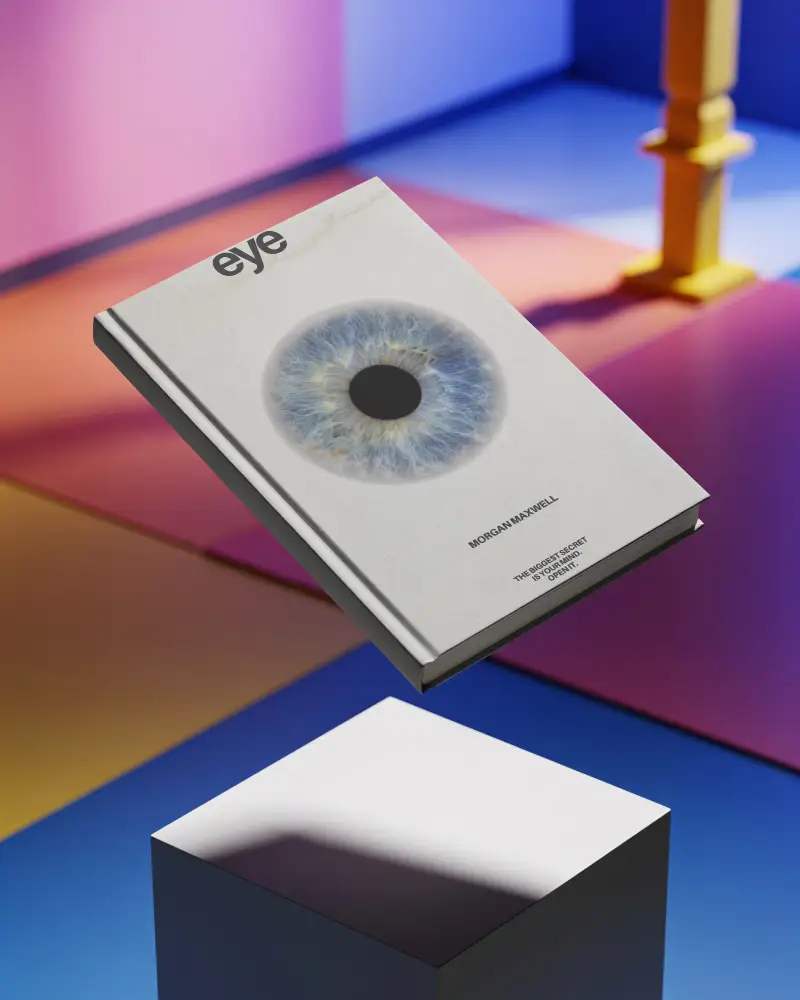 Blank Hardcover Book Mockup Floating Over White Cube With Colorful Abstract Setting