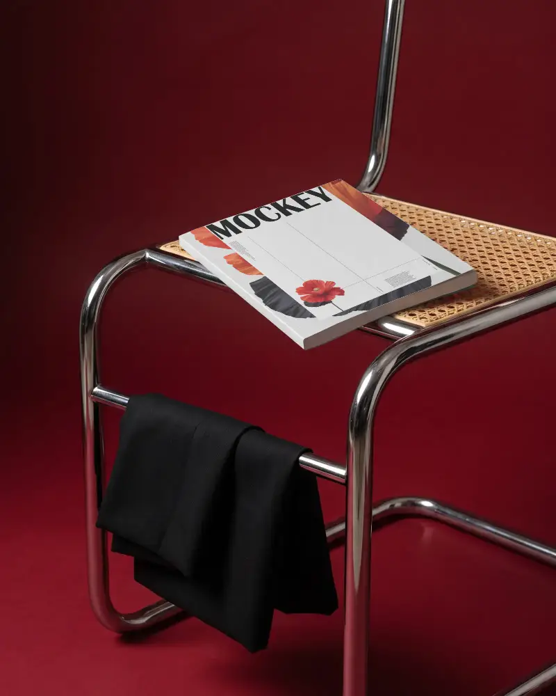 Blank Hardcover Book Mockup On Vintage Chair With Textile Display Background