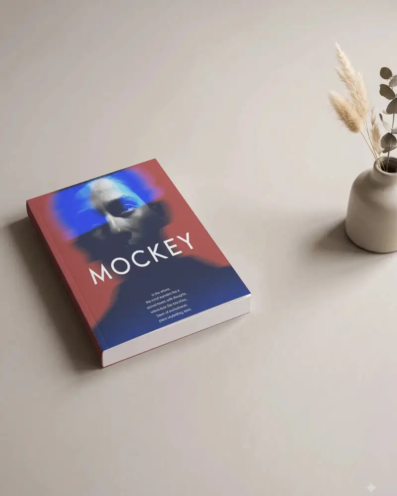 Minimalistic Hardcover Book Mockup With Neutral Background And Elegant Floral Arrangement