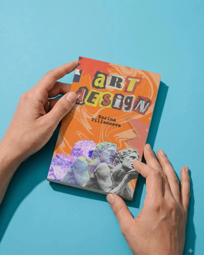 Hands Holding Blank Book Mockup Over Solid Background For Design Presentation