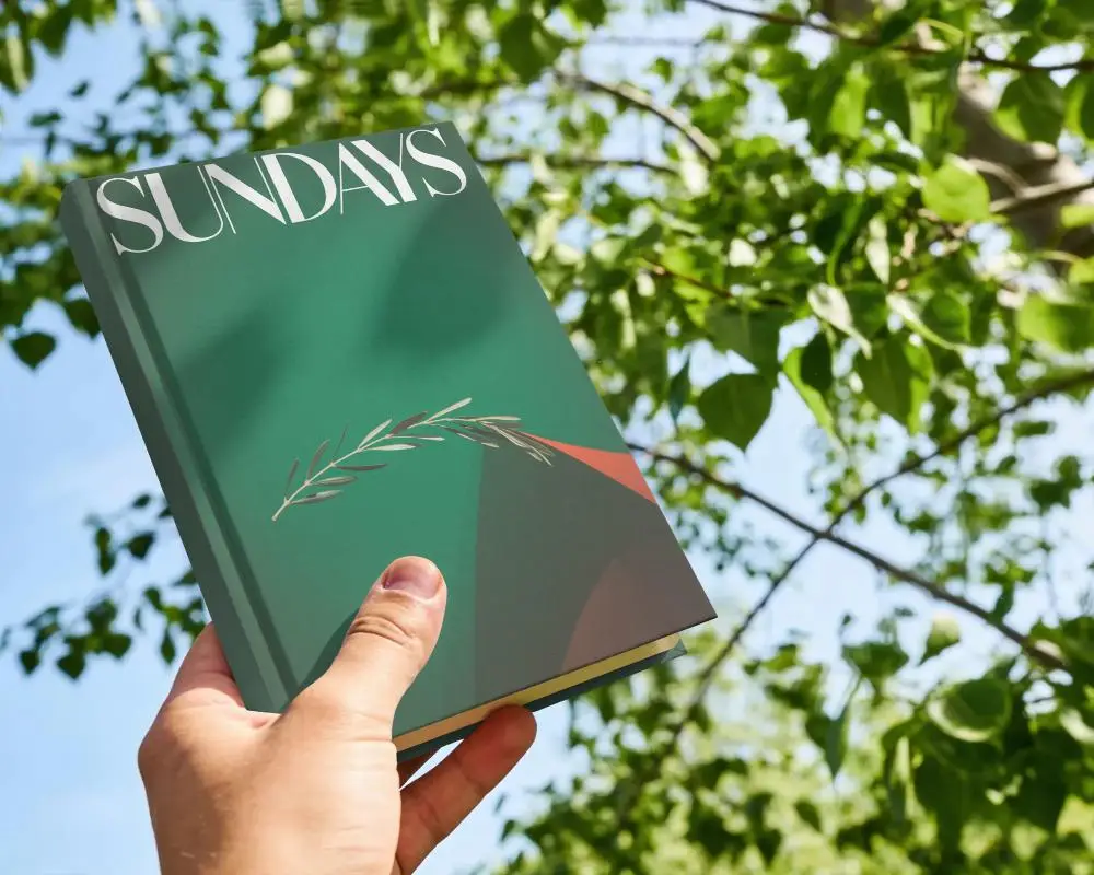 Blank Book Cover Mockup Hand Presenting Book Nature Scenic Background Book Template